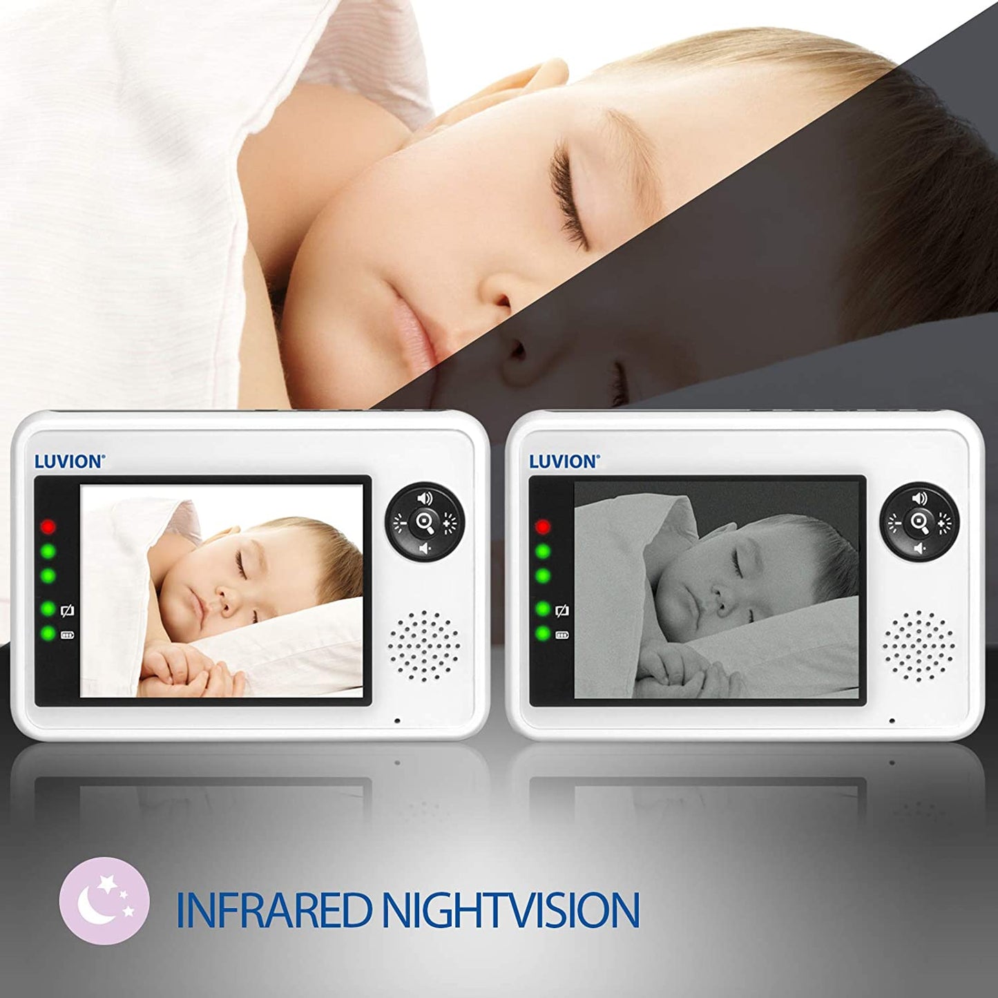 Luvion Essential Bestselgende babycall med kamera i Nederland, 3,5" LCD fargeskjerm, 250 m rekkevidde frisikt